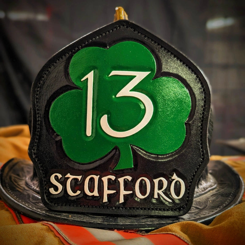 firefighter helmet shield with department specific leather design