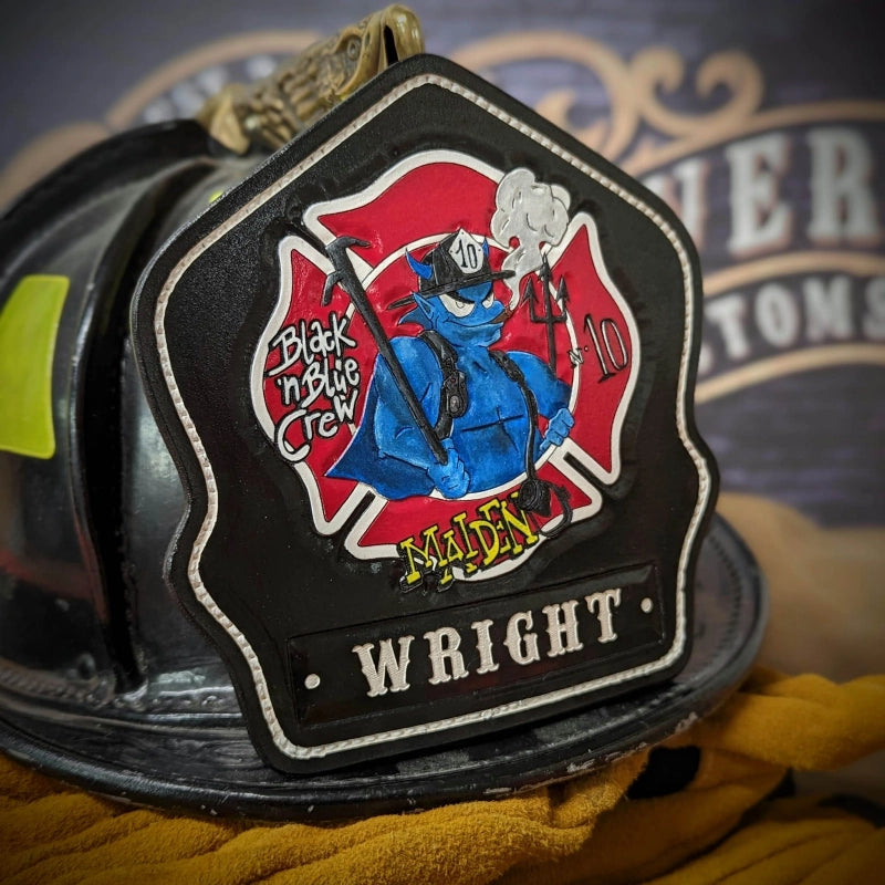 one off leather helmet shield built for firefighters