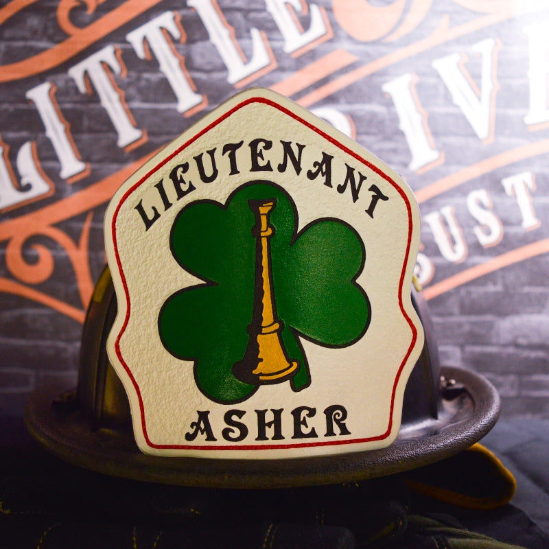 custom leather firefighter shield representing firehouse pride