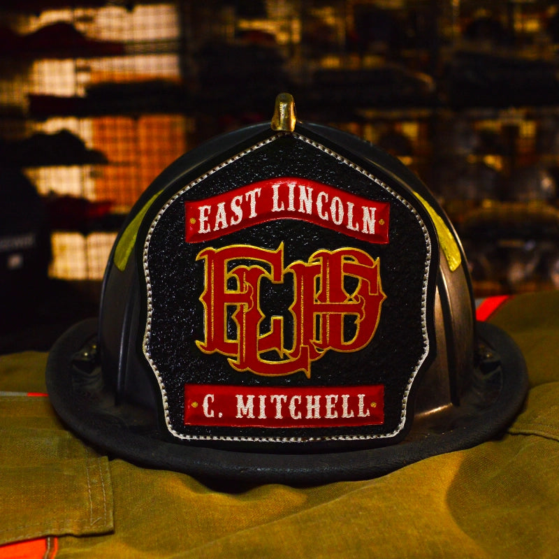 firefighter helmet shield made with custom leather details