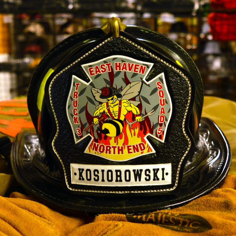 leather helmet shield designed for unique firefighter identity