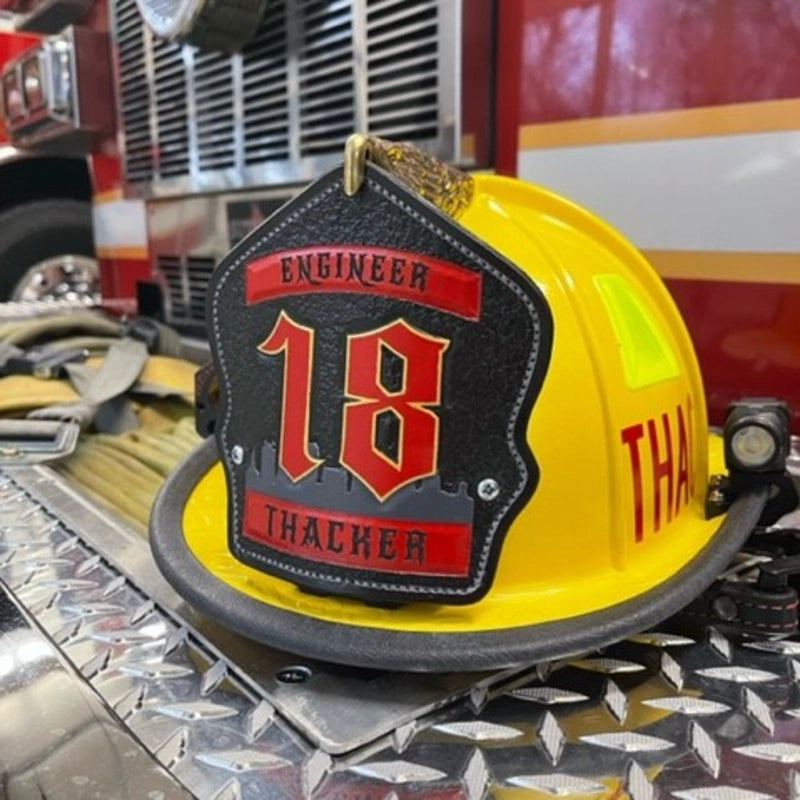 firefighter helmet shield built using full custom leather work
