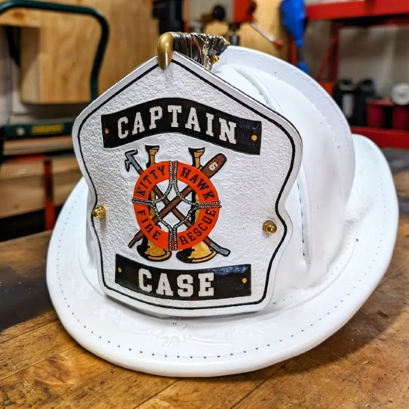 one of a kind firefighter helmet shield in leather