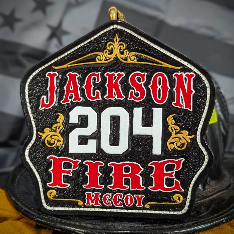 leather firefighter helmet shield created for custom layouts