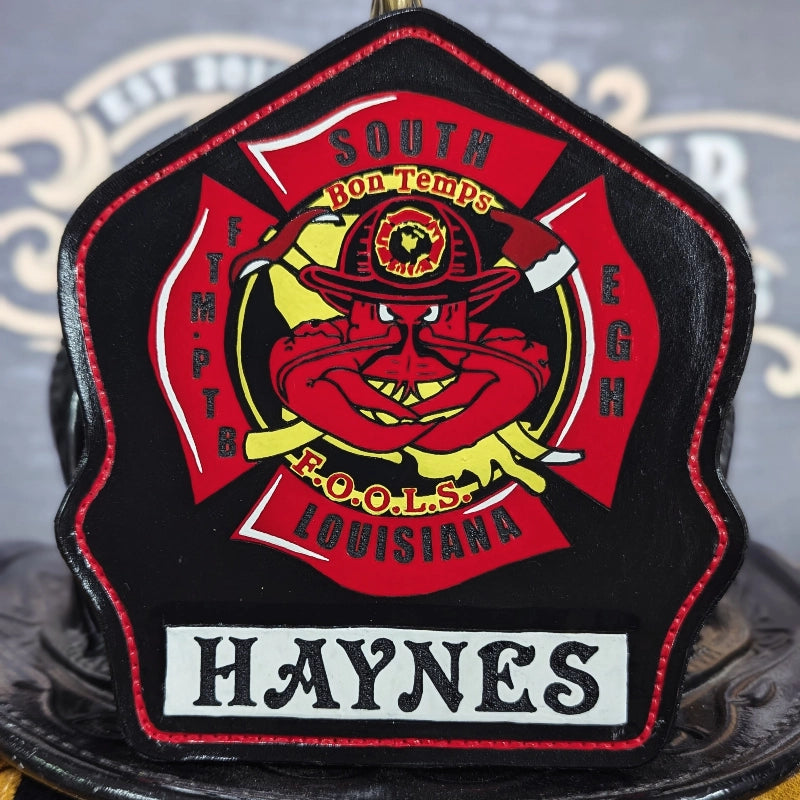 custom leather firefighter helmet shield built for department use