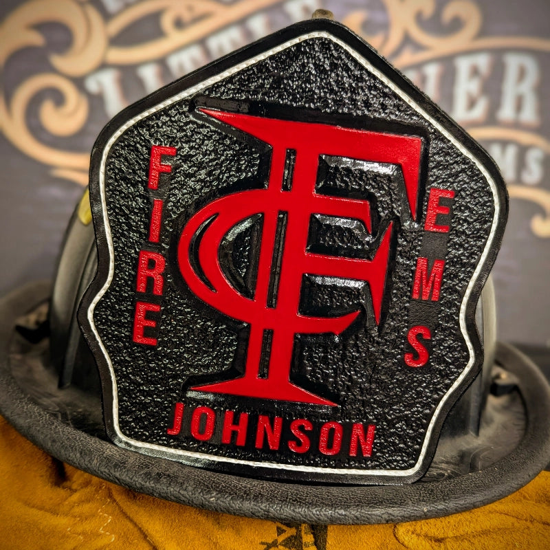 firefighter helmet shield with a fully custom leather layout