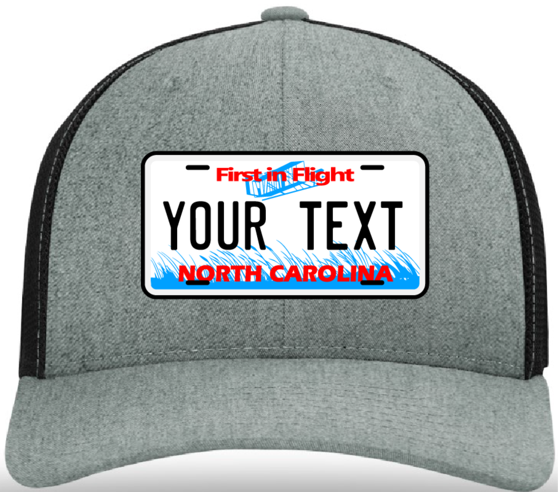 Richardson hat with custom state license plate leather patch in vivid colors