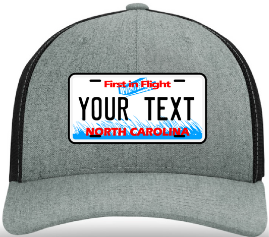 Richardson hat with custom state license plate leather patch in vivid colors