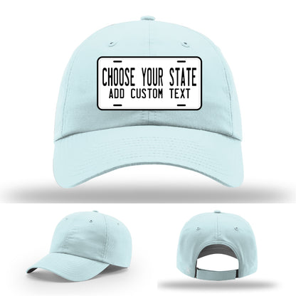 Leather patch hat designed after a state license plate with custom text option