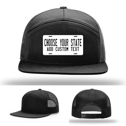 Everyday wear hat featuring custom state license plate leather patch design