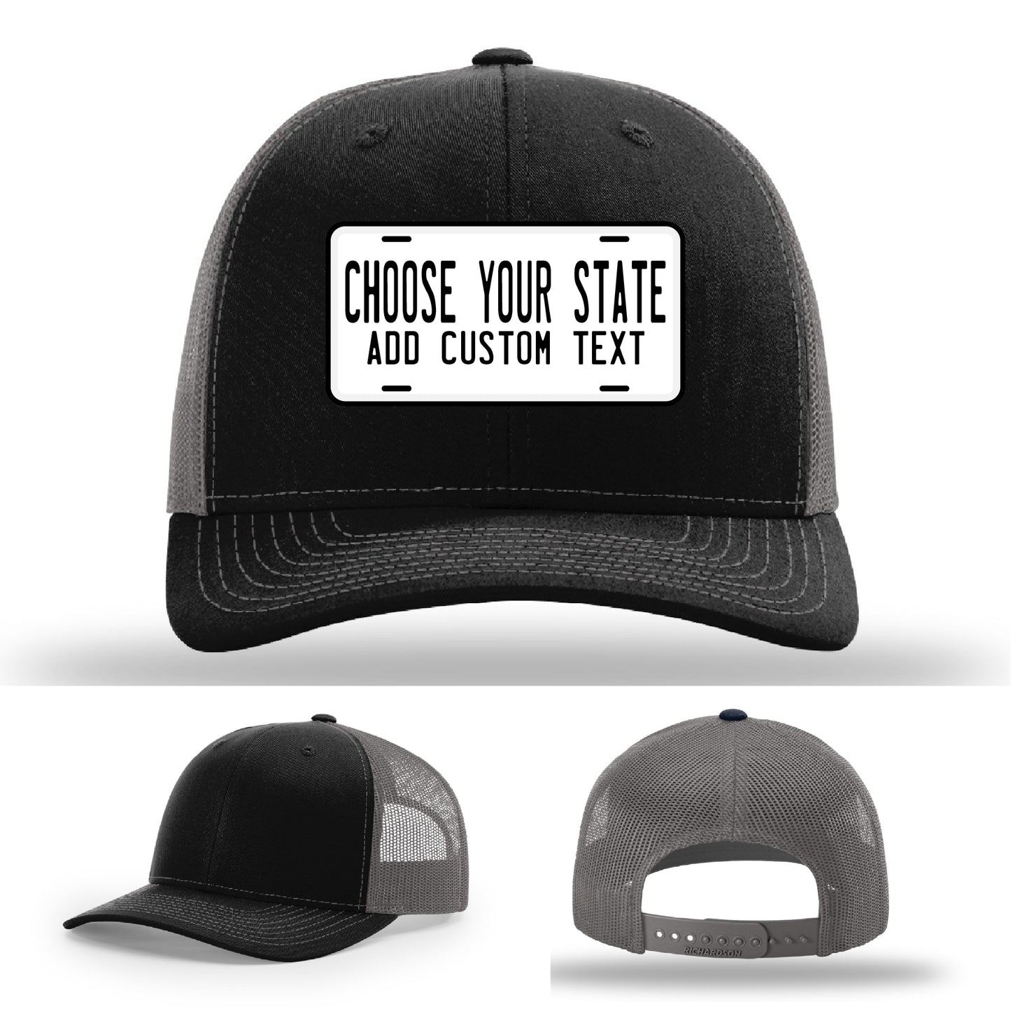 Rugged leather patch hat styled after state plate with custom slogan option