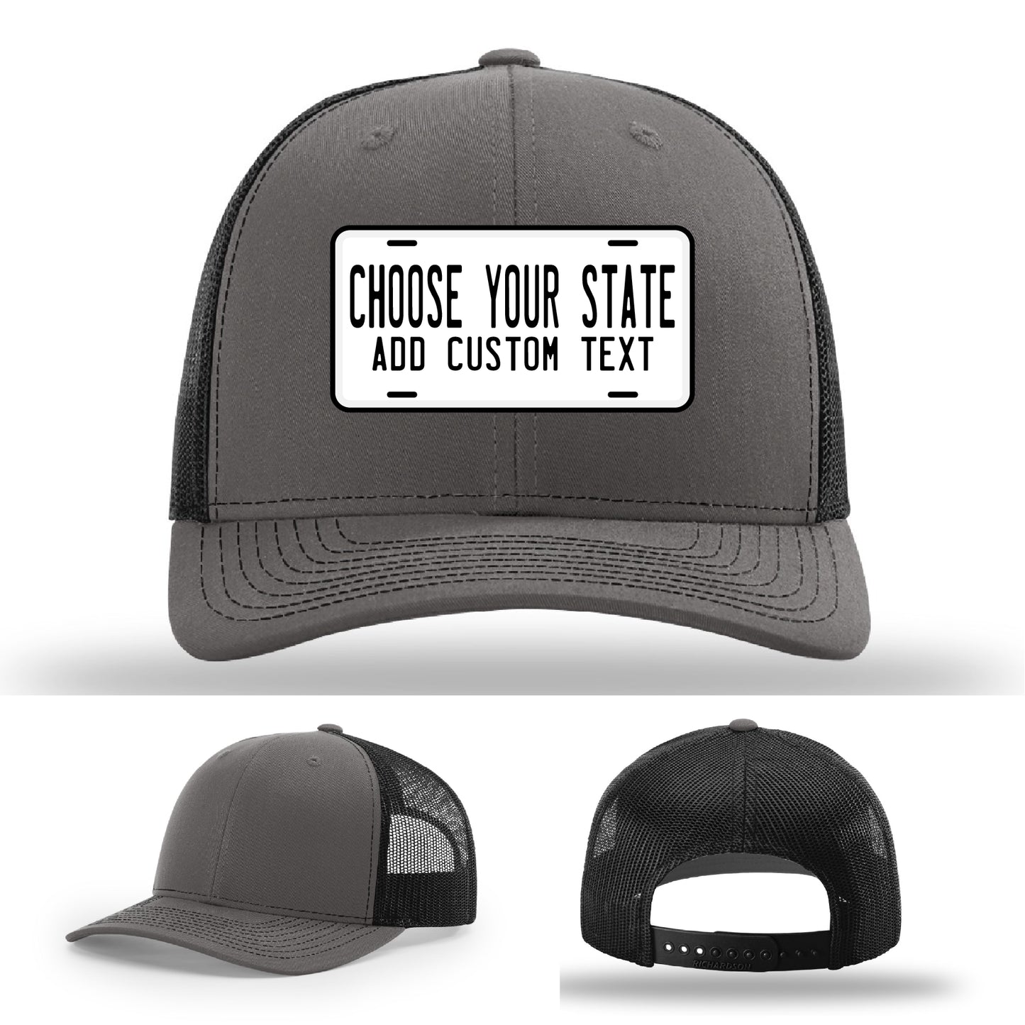 Customizable hat with colorful state license plate leather patch