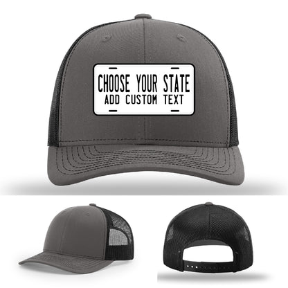 Customizable hat with colorful state license plate leather patch