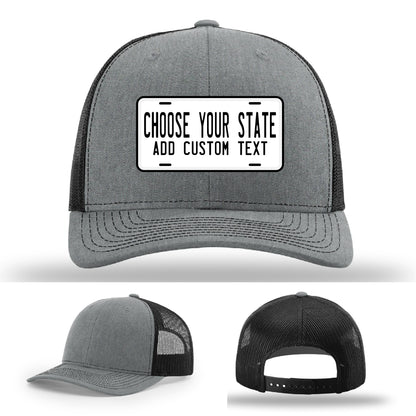 Personalized Richardson hat featuring custom state plate patch artwork
