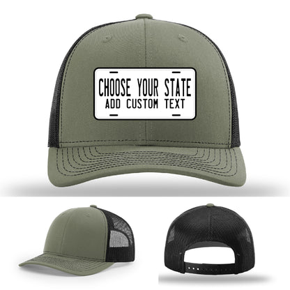 Leather patch hat crafted to look like your state license plate