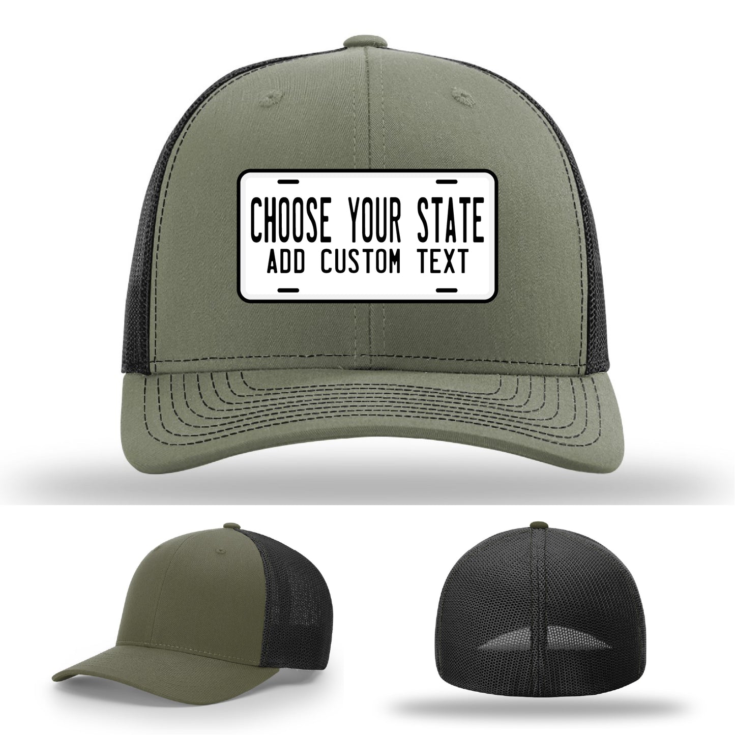 Richardson hat with bold colorful state license plate leather patch