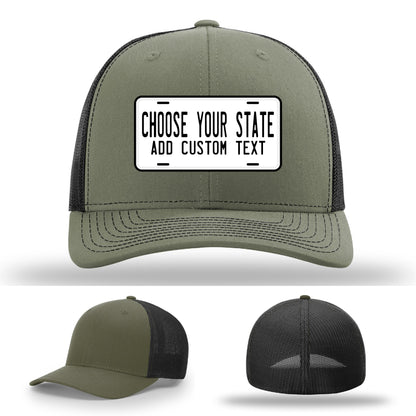 Richardson hat with bold colorful state license plate leather patch
