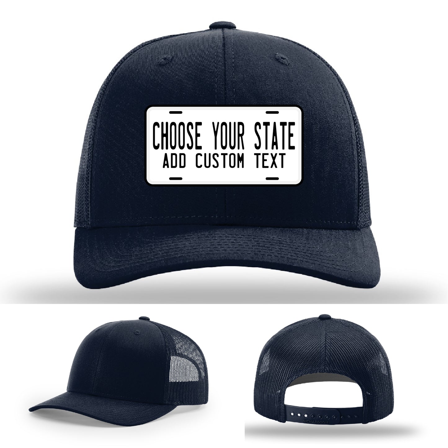 Personalized leather patch hat showing state plate artwork in color