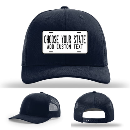 Personalized leather patch hat showing state plate artwork in color