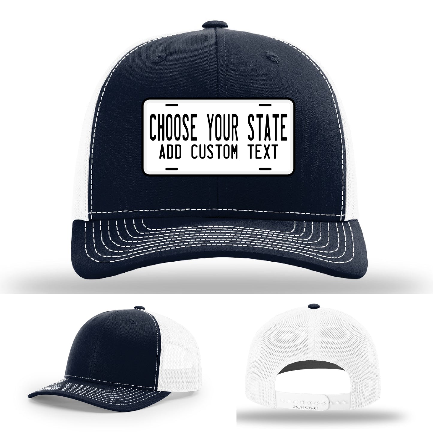 Lifestyle hat featuring personalized leather patch in state plate design