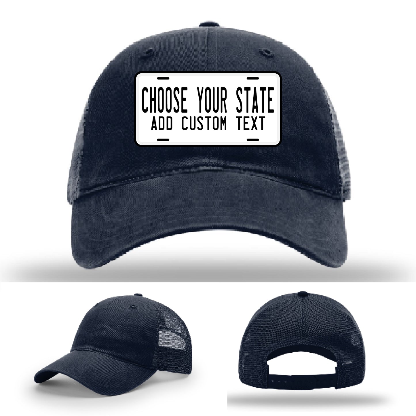 Richardson hat featuring bold leather patch styled as state license plate
