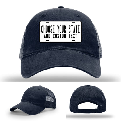 Richardson hat featuring bold leather patch styled as state license plate