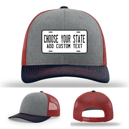 Unique gift idea hat with personalized leather patch styled like state plate