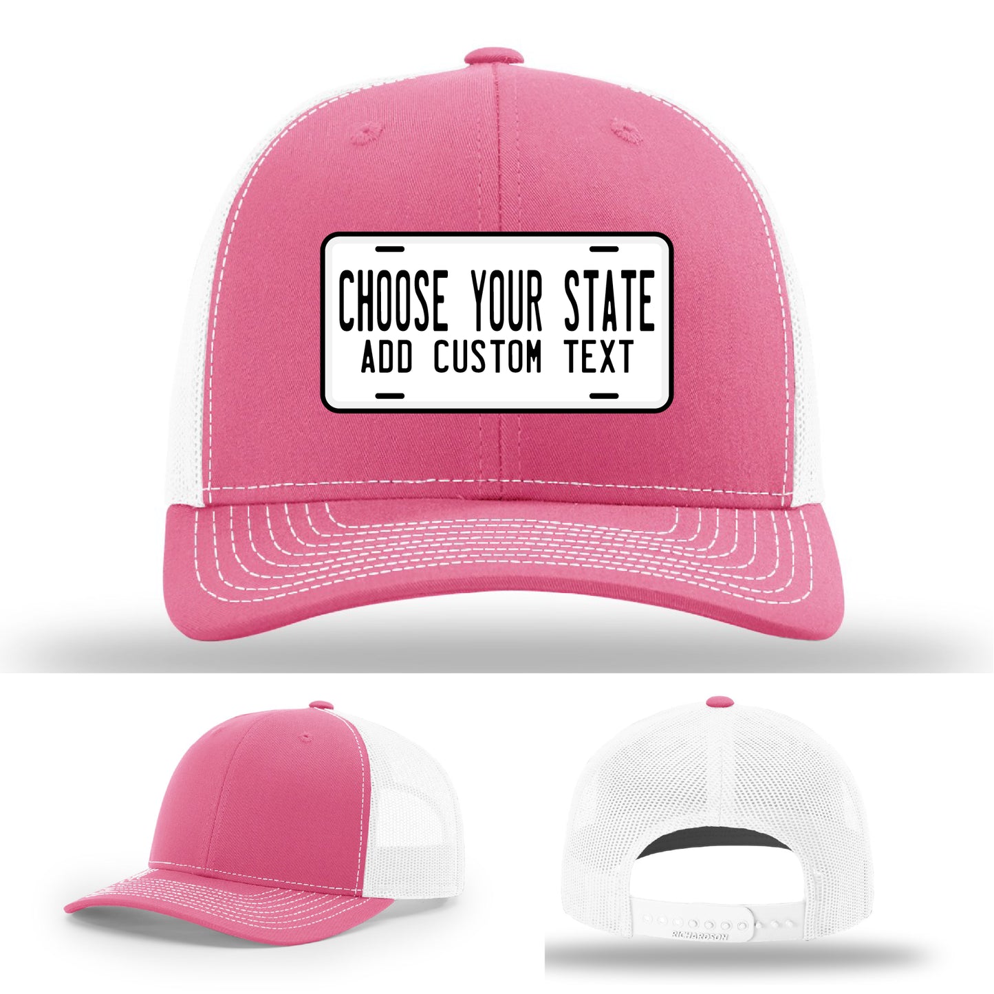 Customizable state license plate hat with premium leather patch front