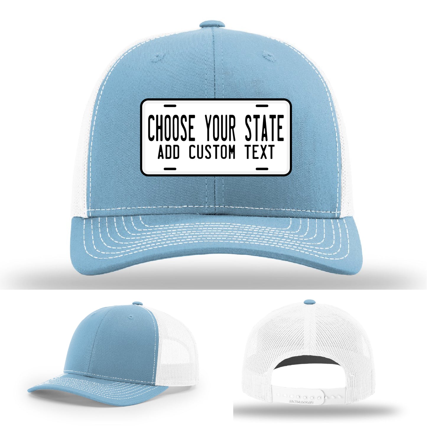 Leather patch hat inspired by state license plate design and custom text