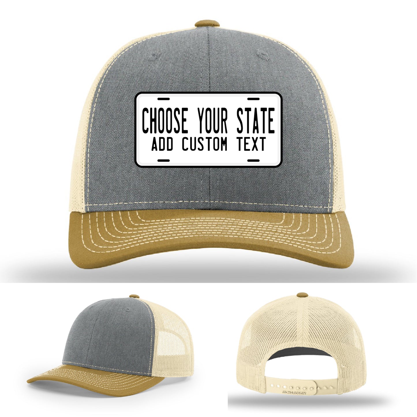 Richardson hat featuring custom state plate patch in vivid color