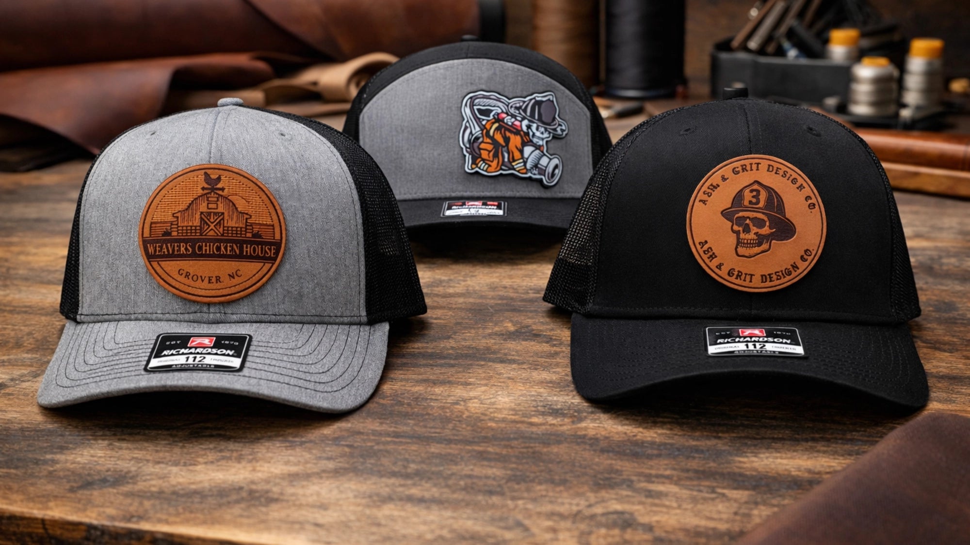 three richardson leather patch hats displayed for dropshipping
