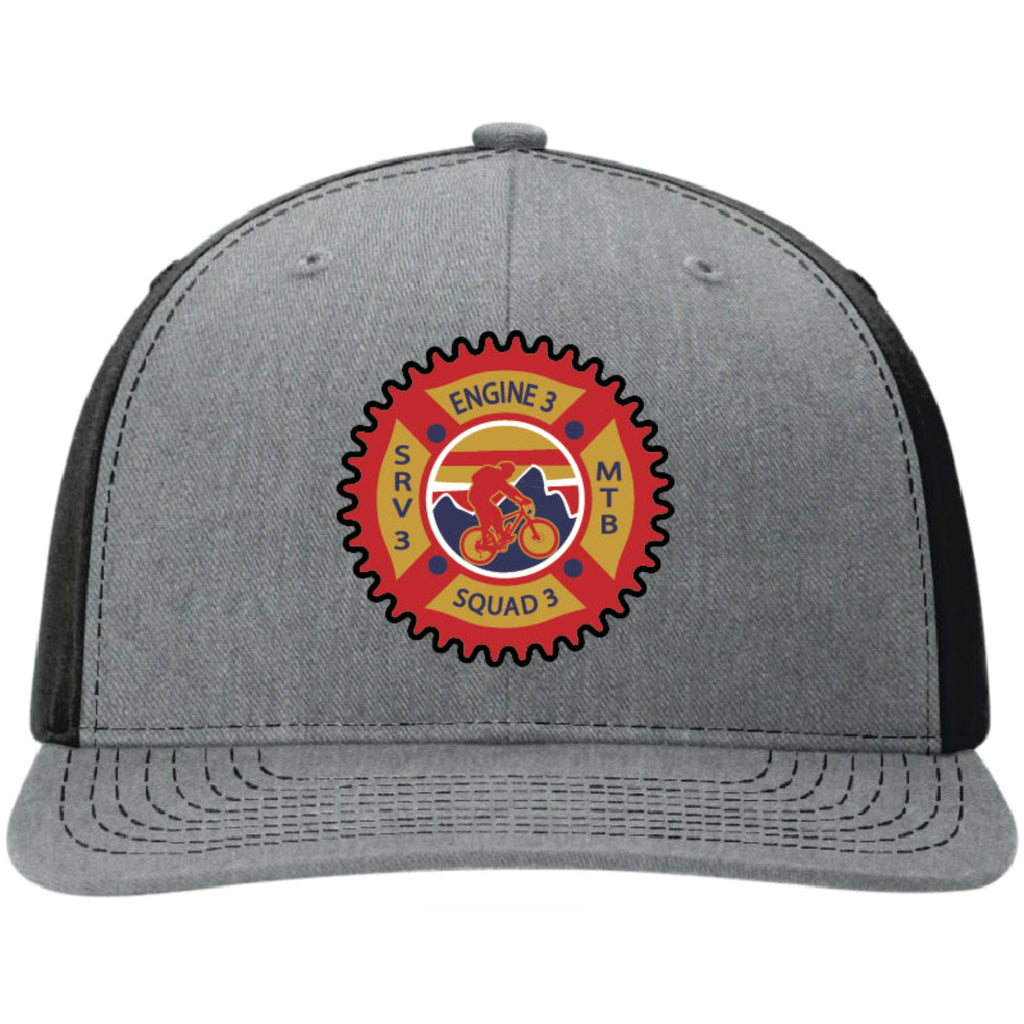 Custom Richardson hats featuring full color leather patches designed for multiple Bentonville Fire Department trucks and crews