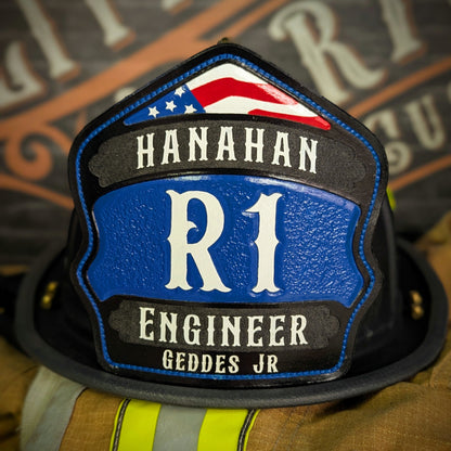 Blue-panel leather firefighter helmet shield with white block insignia and red arch, engineer style.