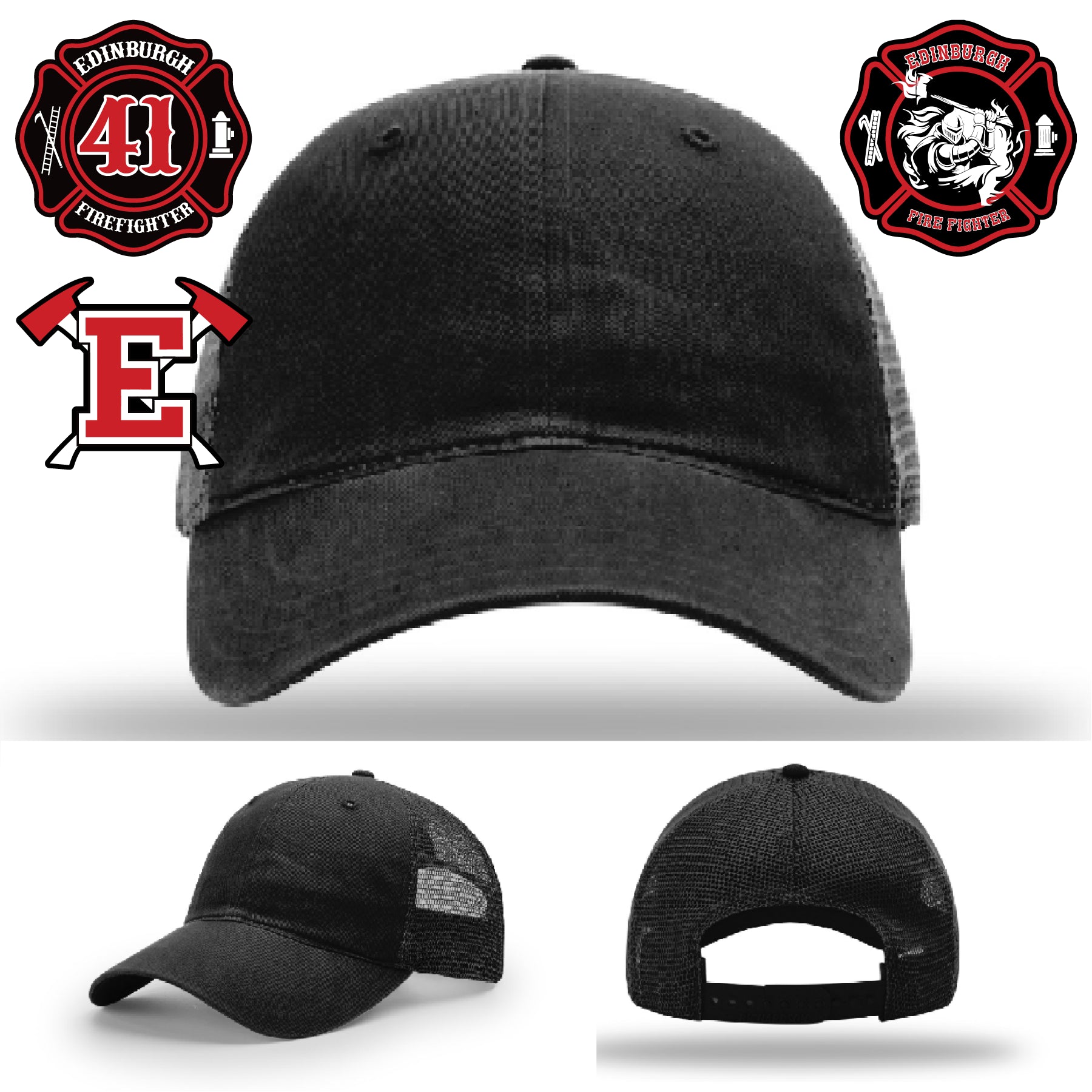 Edinburgh firefighter hat with detailed leather patch design