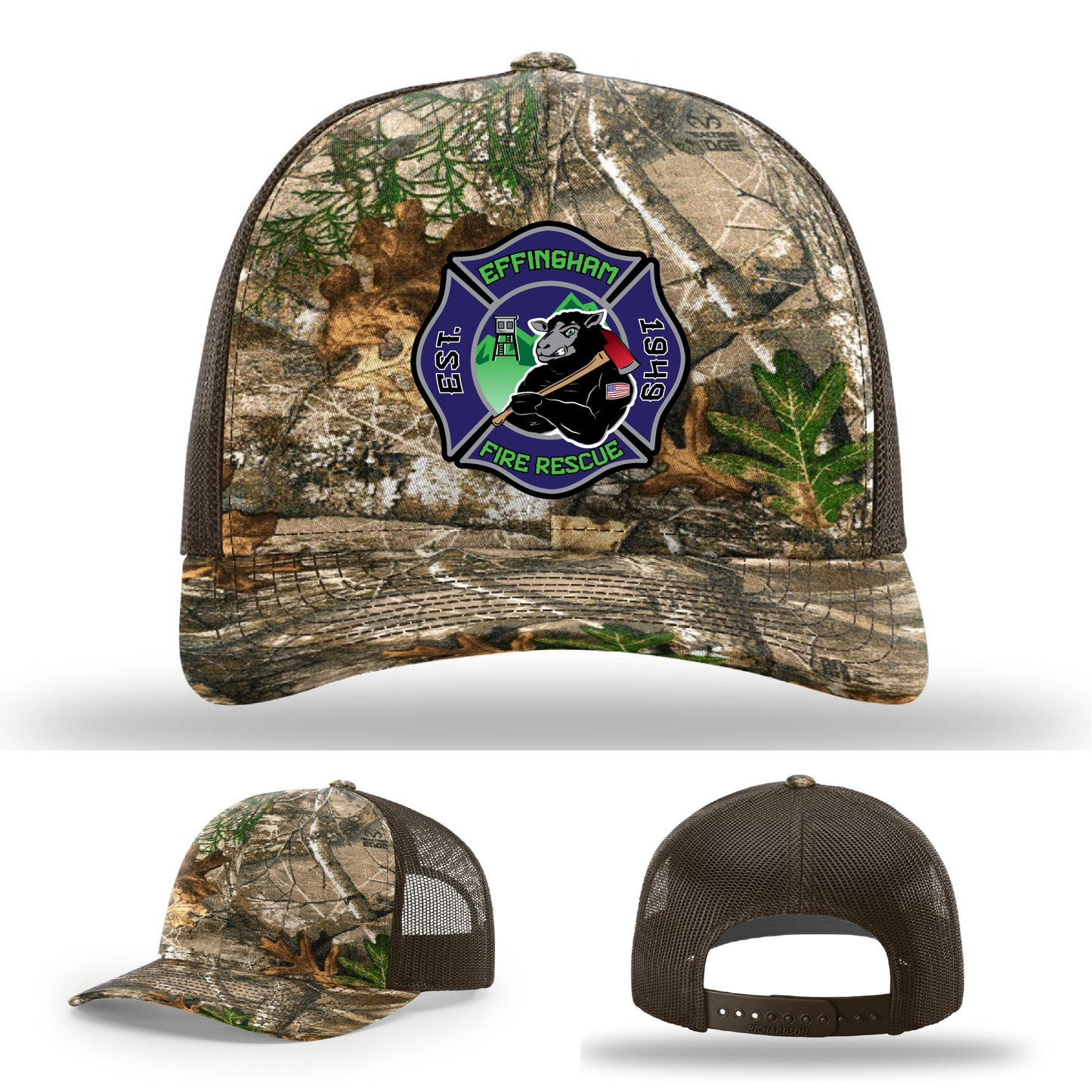 Custom firefighter hat with Effingham Fire Rescue patch artwork