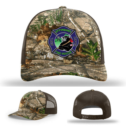 Custom firefighter hat with Effingham Fire Rescue patch artwork