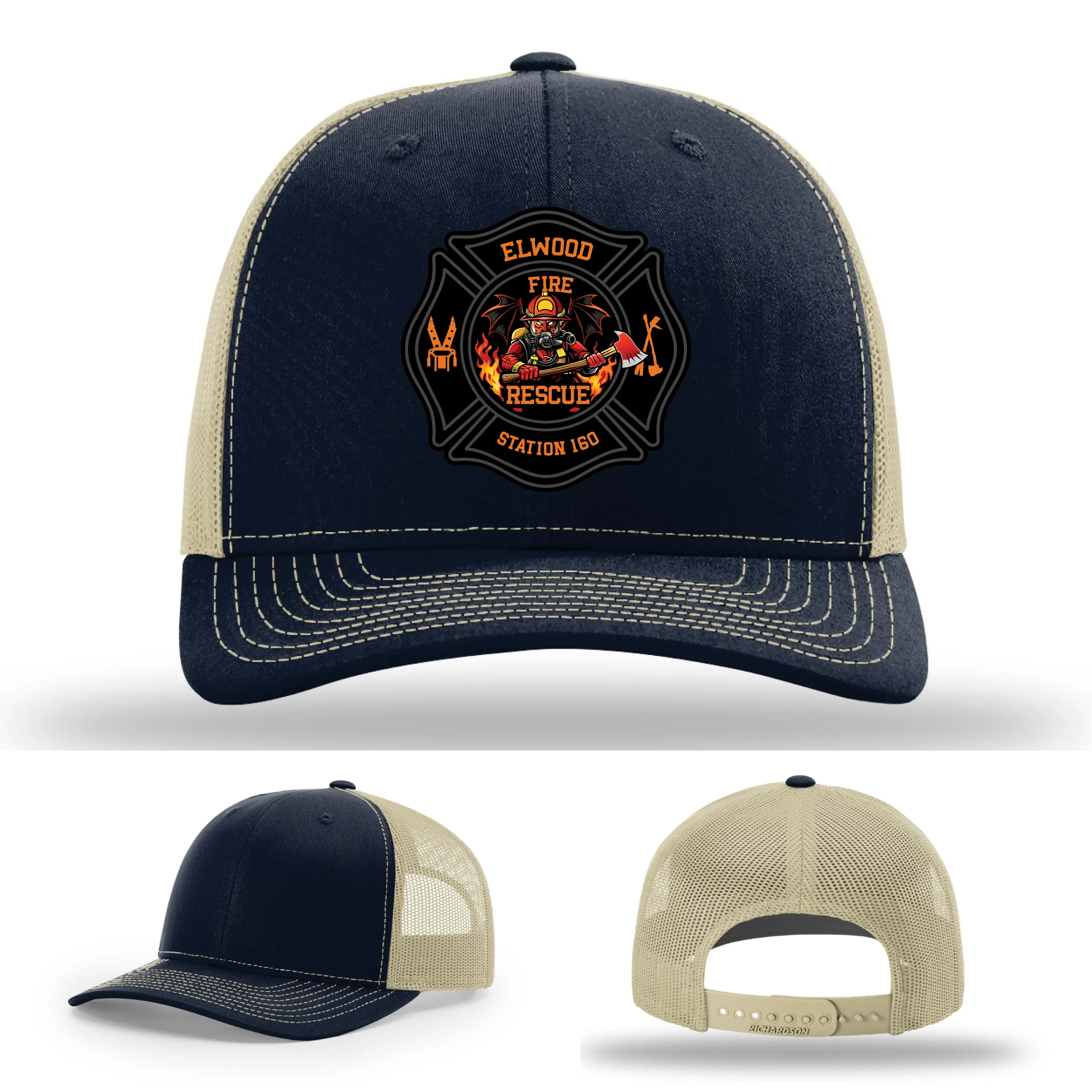 Side view of Elwood Fire Rescue leather patch hat