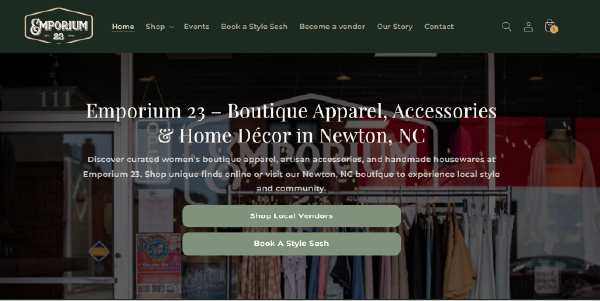 Emporium 23 women’s boutique Shopify site featuring apparel, accessories, and home decor