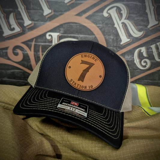 Custom firefighter hat with leather Engine 7 Station 10 patch – Richardson brand, perfect for station pride