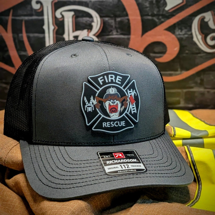 custom hat with fabius park fire department leather patch