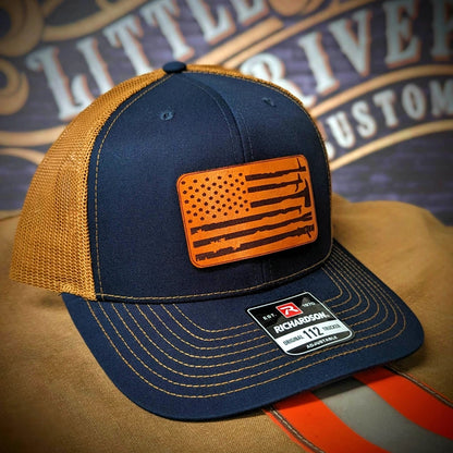 Fire Tools Flag Leather Patch Hat with American flag and firefighter tools design