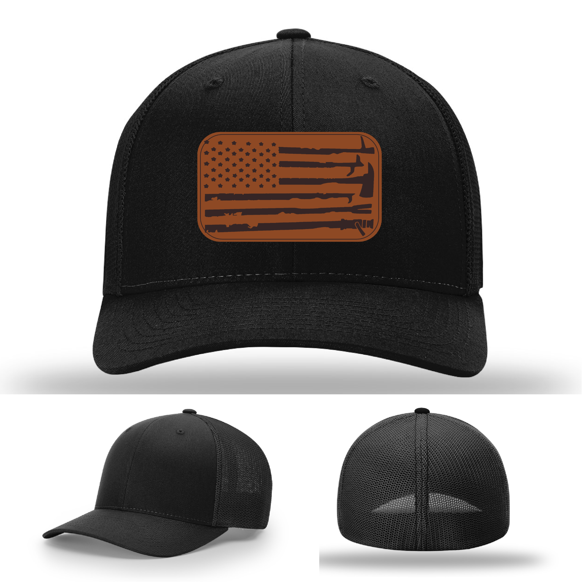 Patriotic firefighter hat variant with leather patch fire tools and flag design