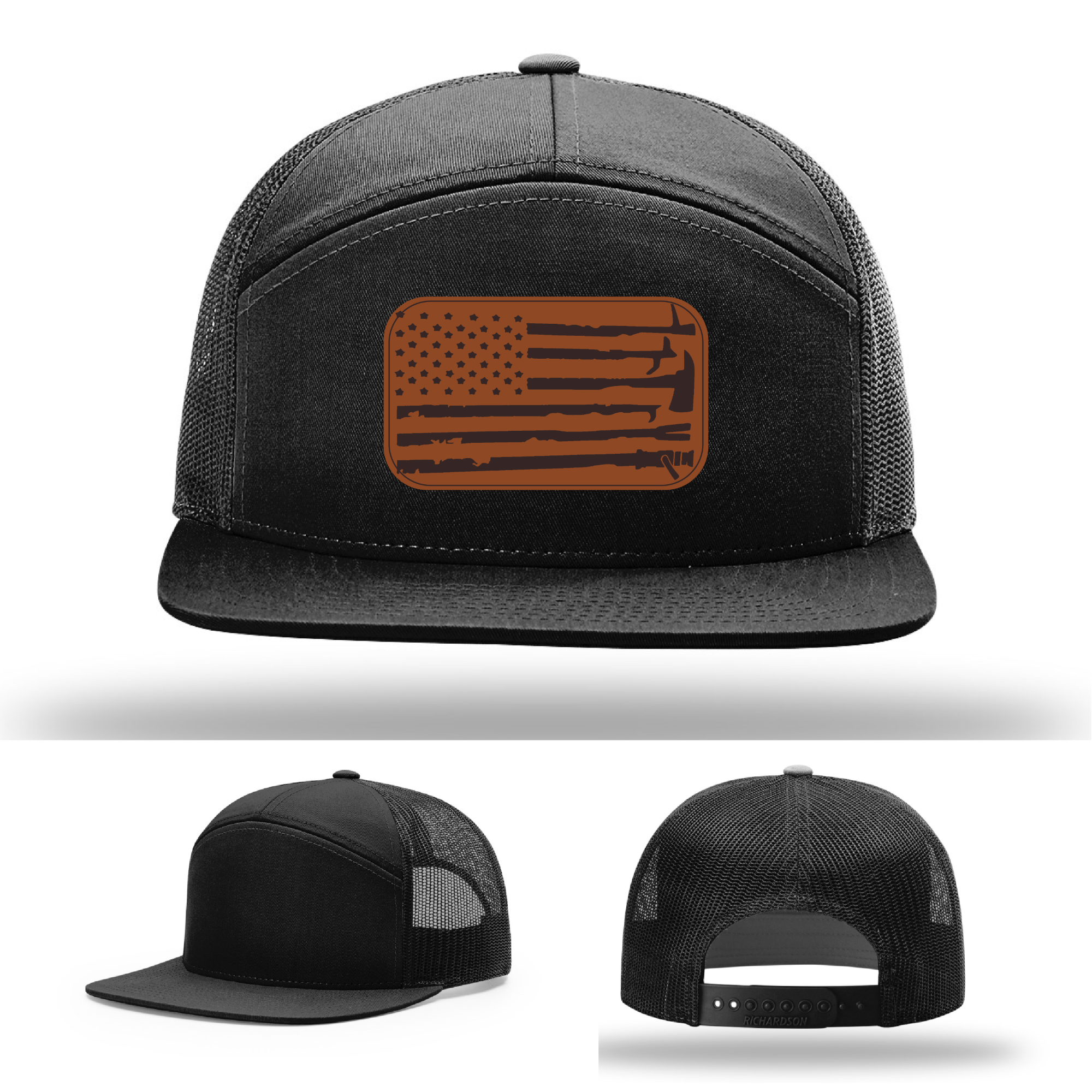 Station gear hat variant with leather patch featuring American flag and fire tools