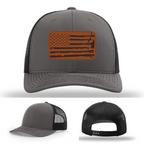 Firefighter apparel hat variant with leather patch flag and fire tools
