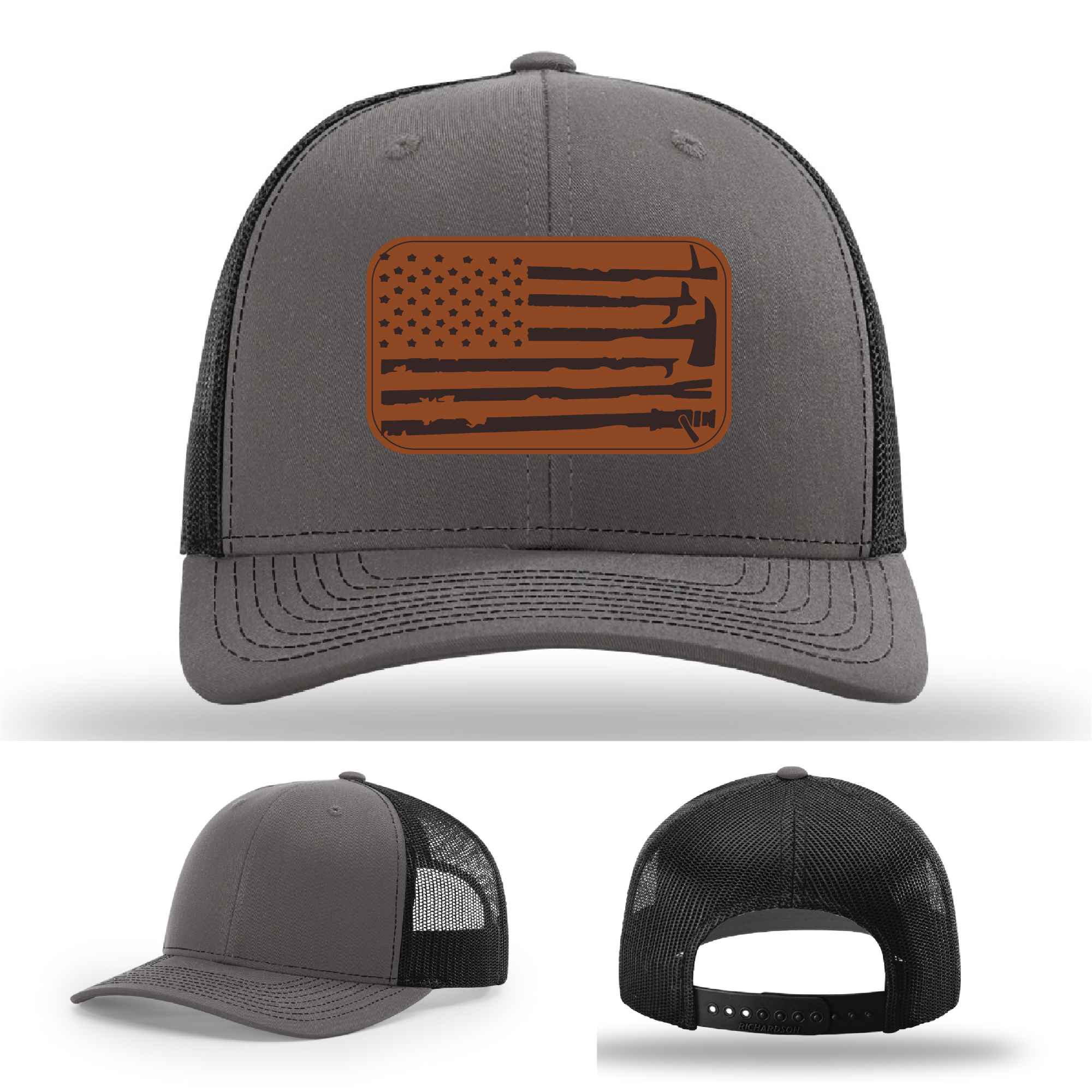 Firefighter apparel hat variant with leather patch flag and fire tools