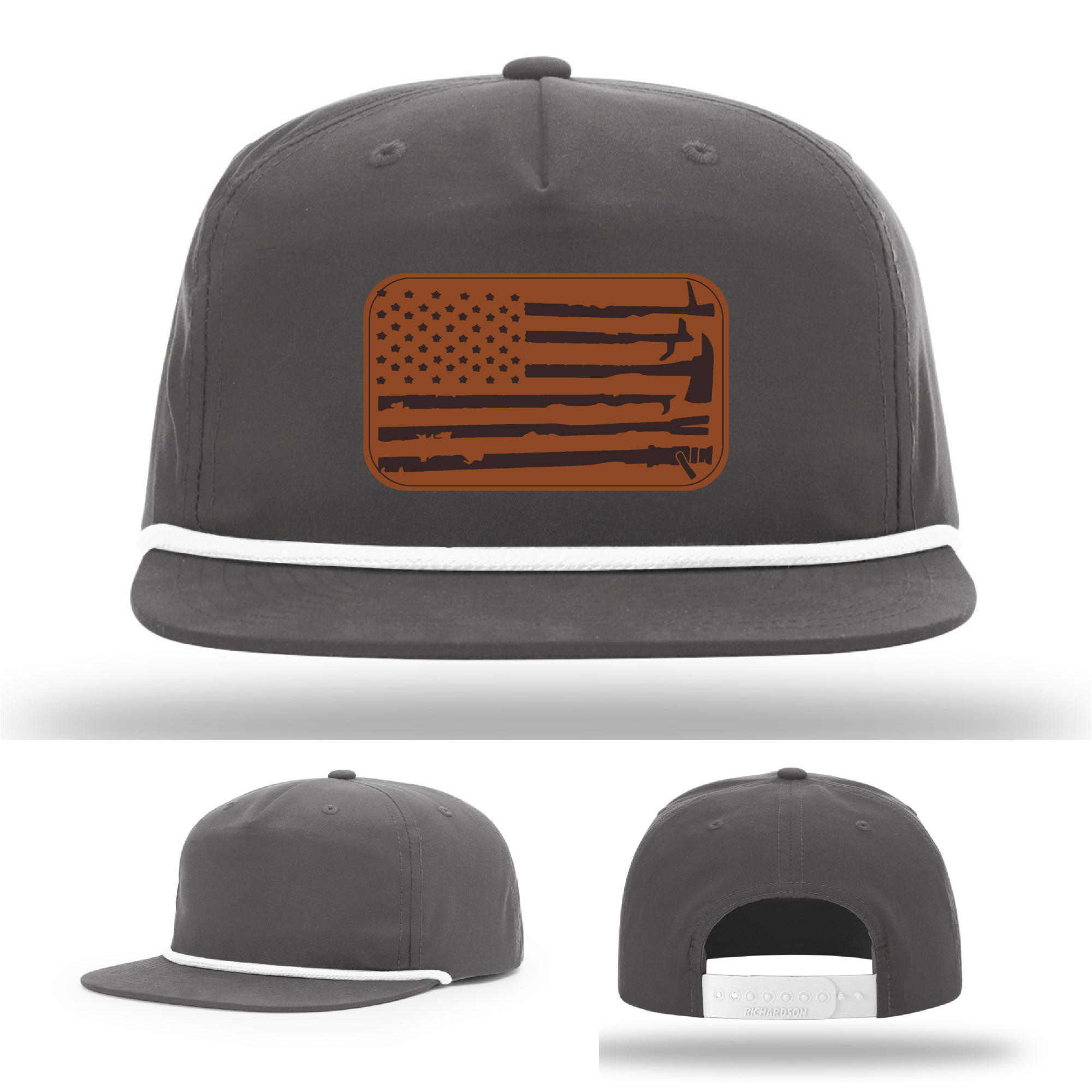Firefighter hat variant with leather patch featuring fire tools and American flag