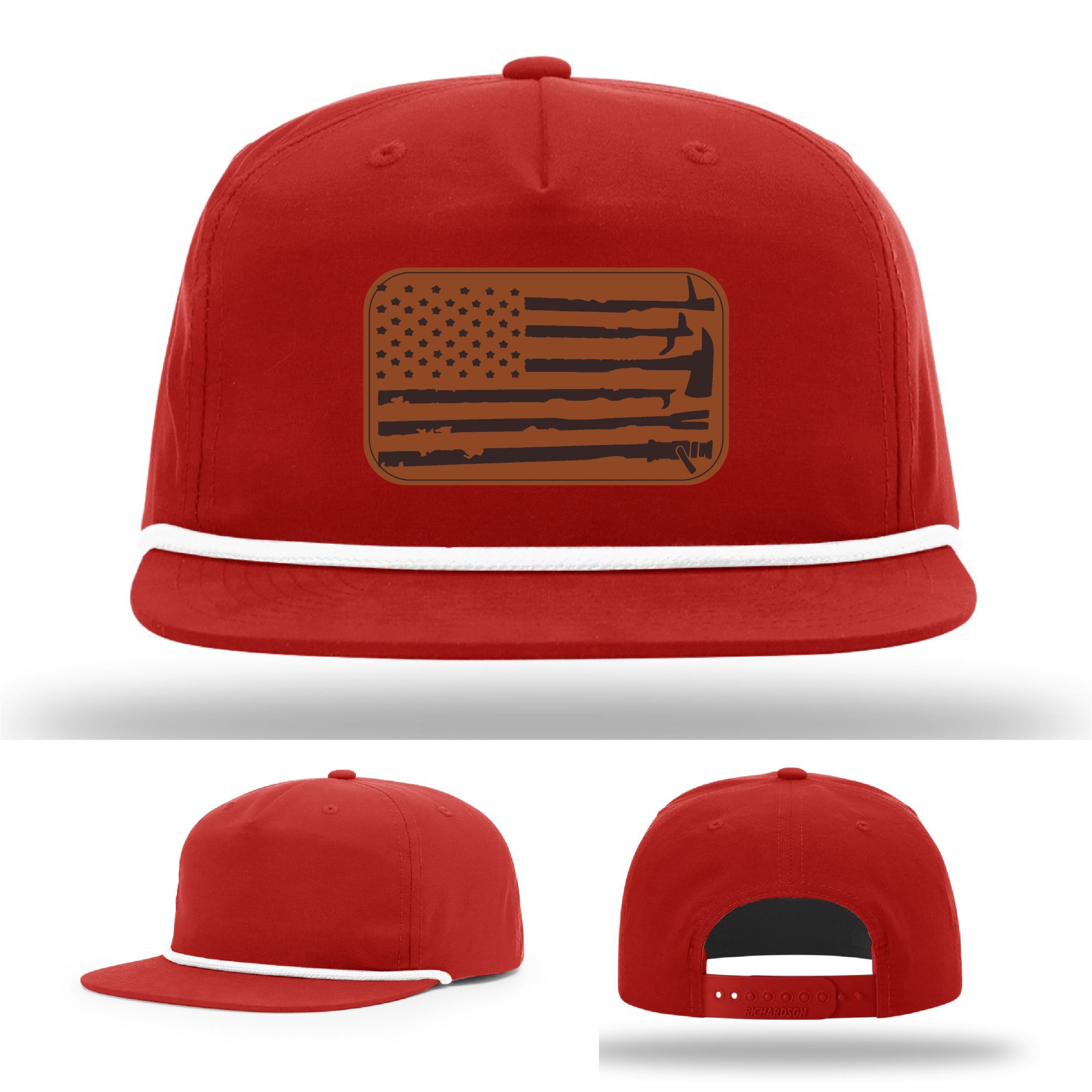 Ready to wear firefighter hat variant with flag and tools leather patch
