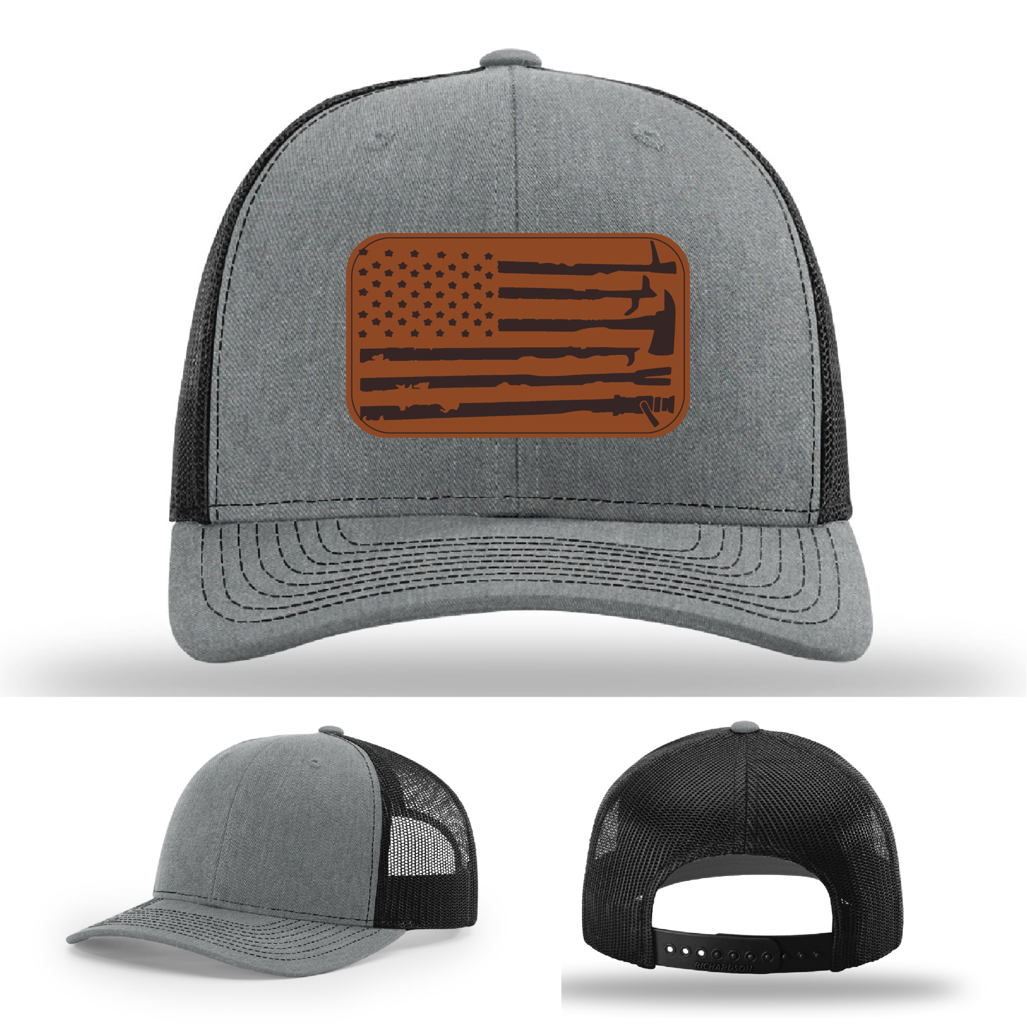 Patriotic firefighter headwear variant with leather patch flag and tools