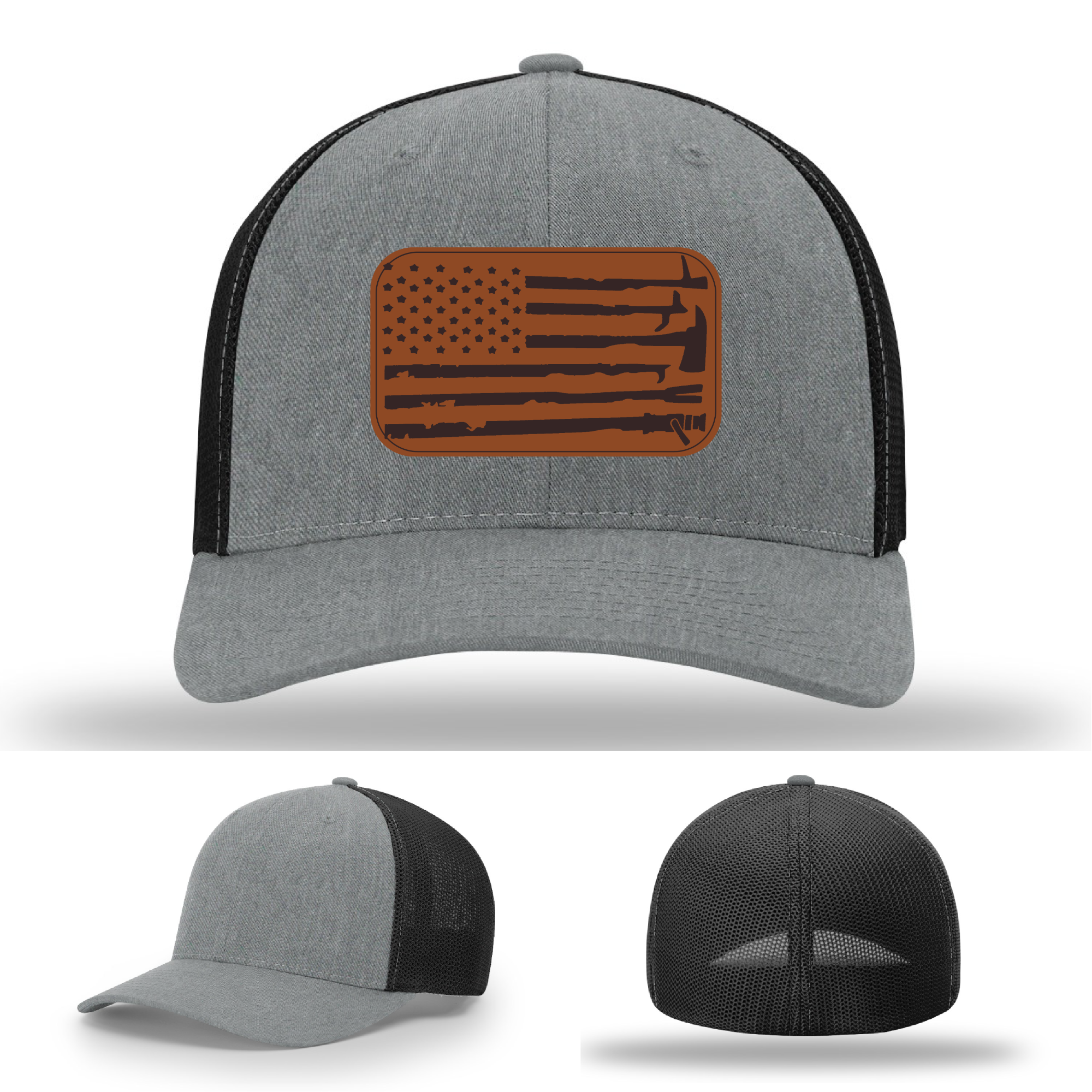 Firefighter hat variant with rugged leather patch flag and tools design