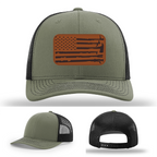 Firefighter hat variant featuring detailed leather patch with tools and flag